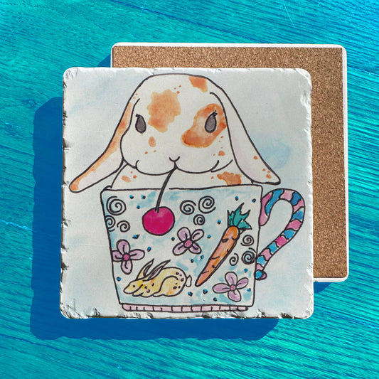 Tea Cup Party Bunny Rabbit Spring Tumbled Edge Stone Trivet