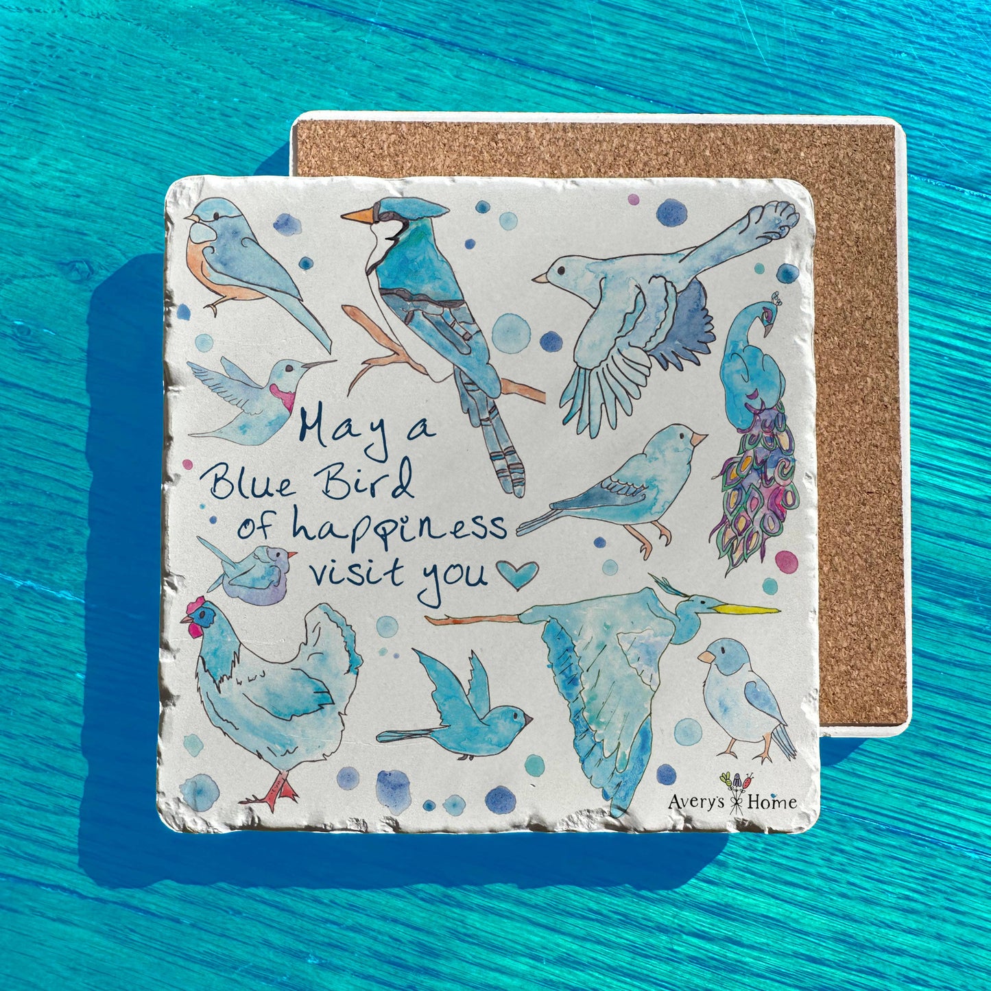 Blue Birds of Happiness Watercolor Tumbled Edge Stone Trivet