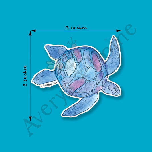 Blue Watercolor Sea Turtle 3" White Vinyl Die-Cut Sticker