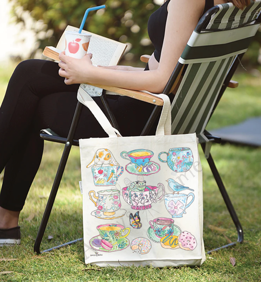 Tea Cups & Birds Eco Friendly Organic Cotton Large Tote Bag
