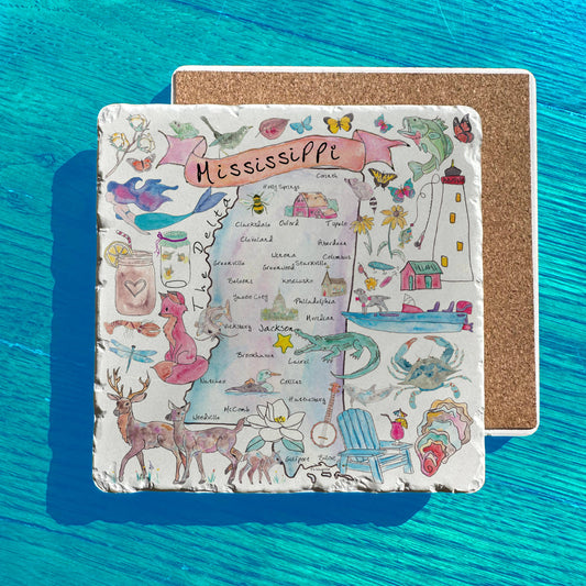 Mississippi State Icon Map Watercolor Tumbled Stone Trivet