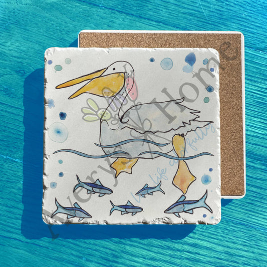 Swimming Ocean Watercolor Pelican Art Tumbled Stone Trivet