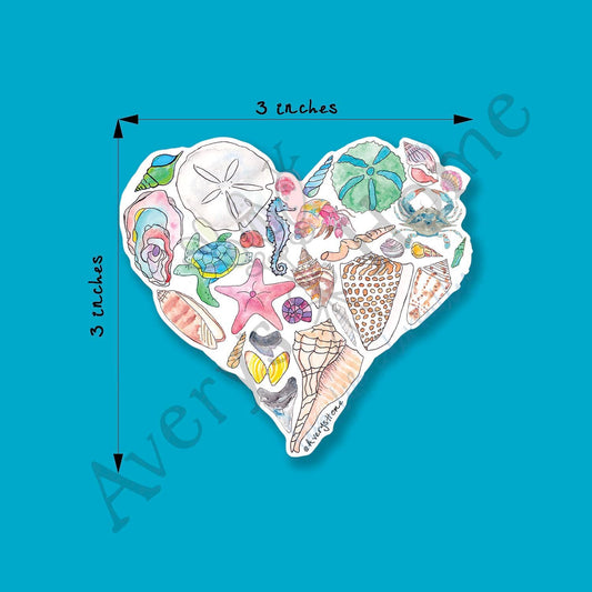 Seashell Heart Art Permanent 3" White Vinyl Die-Cut Sticker