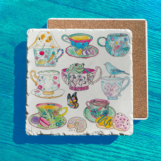 Tea Party Cup Rabbit Bird Butterfly Tumbled Stone Trivet
