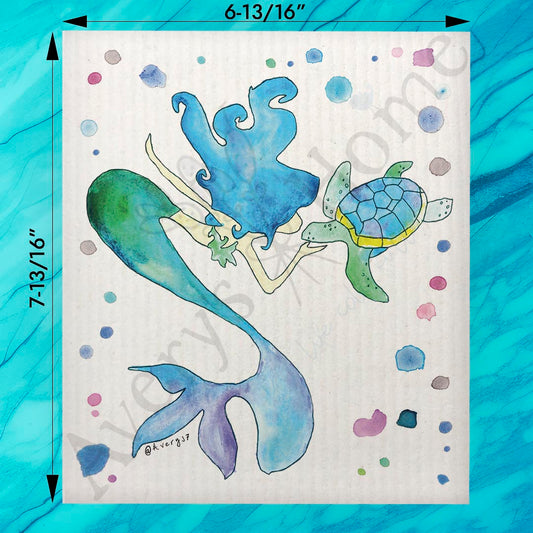 Mermaid & Turtle Swedish Dishcloth – Ocean Whimsy Decor