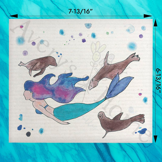 Mermaid & Seals Swedish Dishcloth – Ocean Whimsy Gift