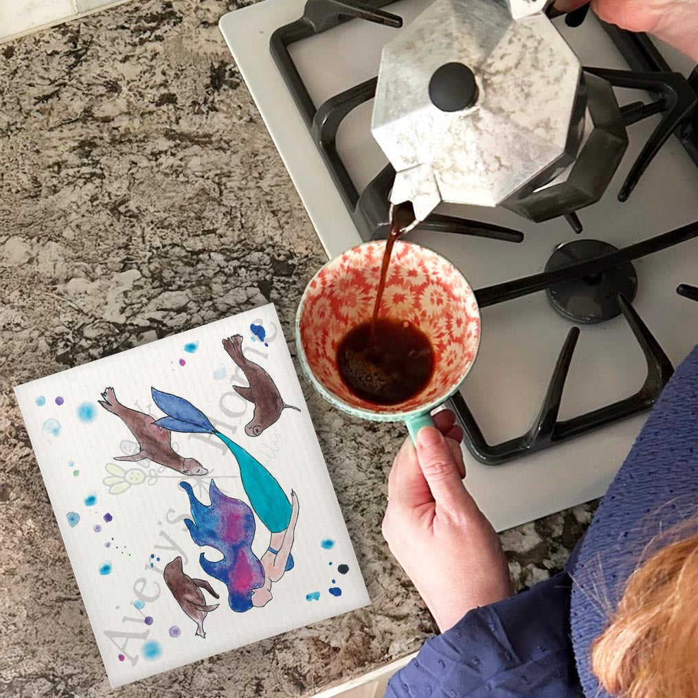 Mermaid & Seals Swedish Dishcloth – Ocean Whimsy Gift