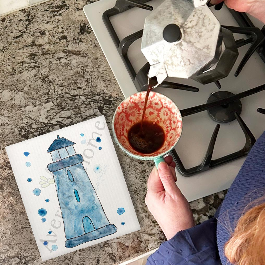 Blue Lighthouse Swedish Dishcloth – Seaside Coastal Decor