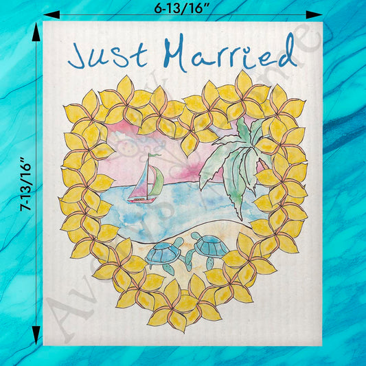 Just Married Beach Swedish Dishcloth – Coastal Wedding Gift