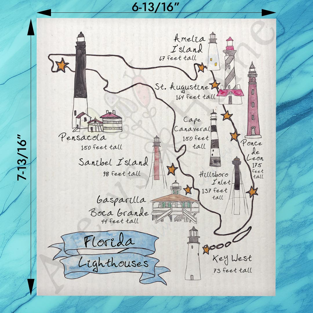 Florida Lighthouse Map & Wildlife Swedish Dishcloth