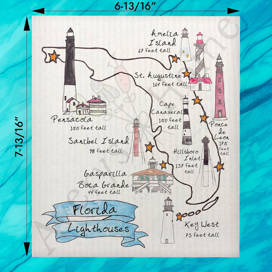 Florida Lighthouse Map & Wildlife Swedish Dishcloth