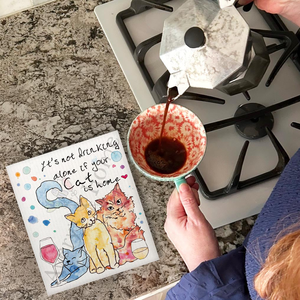 Cat Drinking Buddy Swedish Dishcloth – Whimsical Cocktail Gift