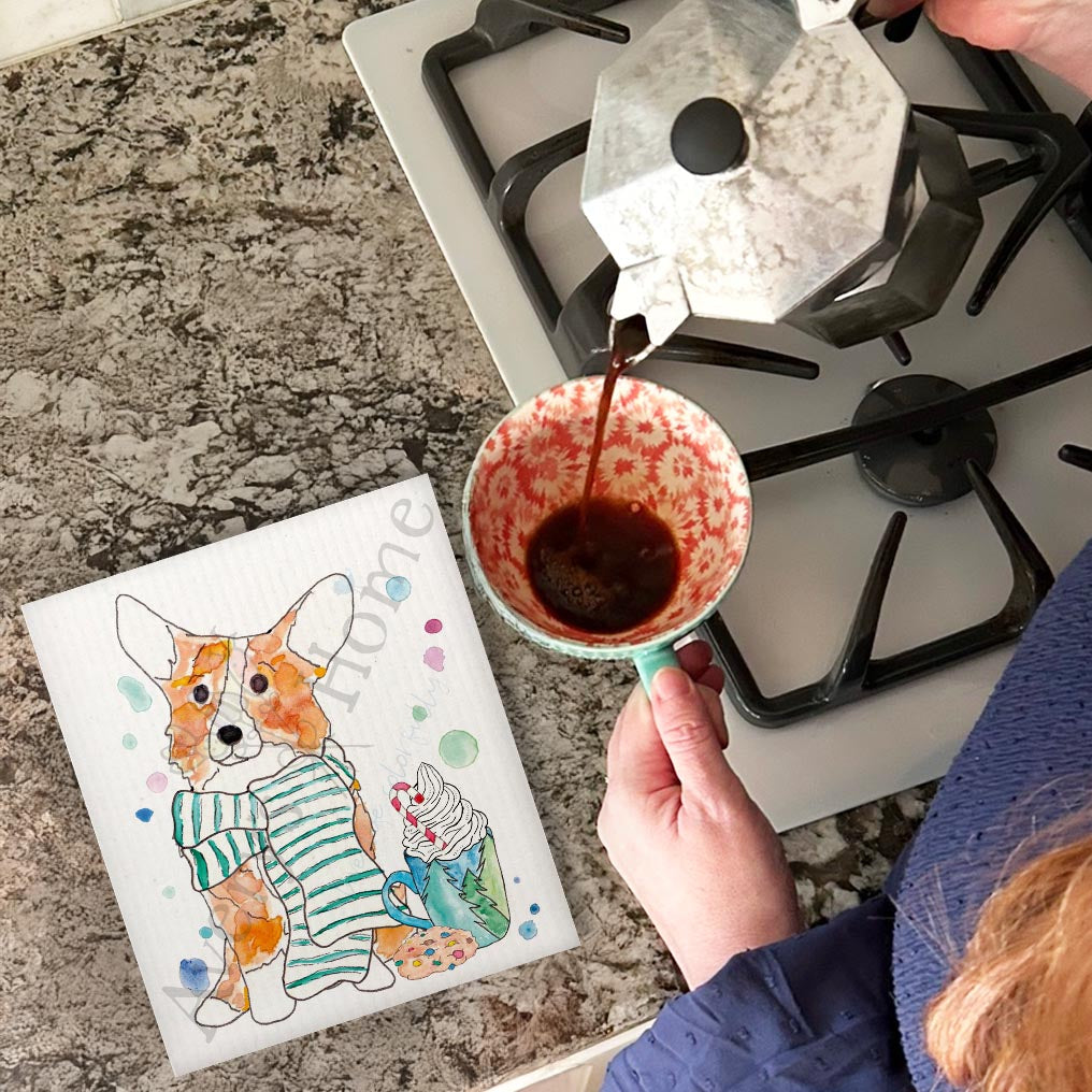 Winter Corgi Swedish Dishcloth – Cozy Holiday Dog Decor