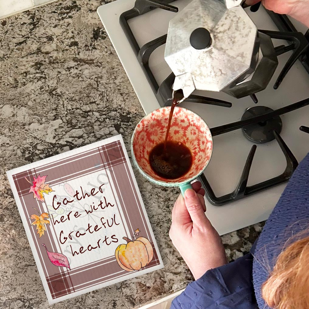 Gather Here Swedish Dishcloth – Thanksgiving Kitchen Quote