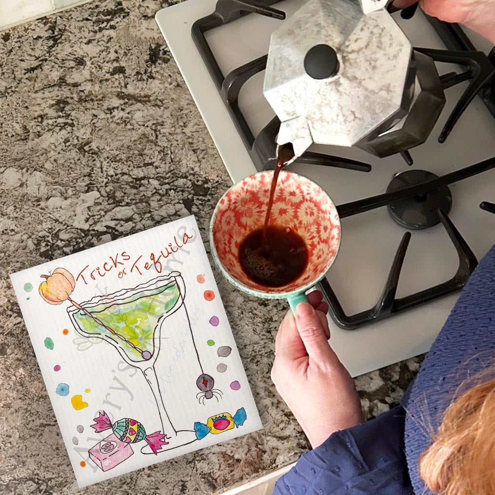 Tricks or Tequila Swedish Dishcloth – Halloween Margarita Gift