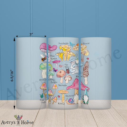 Mushroom Species & Gnome Garden 16oz Frosted Glass – Woodland Decor