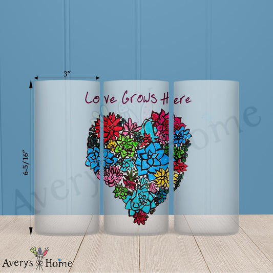 Love Grows Here 16oz Frosted Glass – Heart & Flowers Gift
