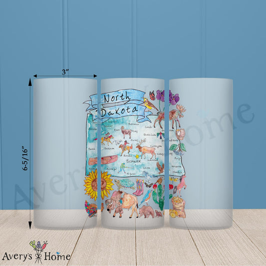North Dakota Map 16oz Frosted Glass – Buffalo, Sunflowers & Skies