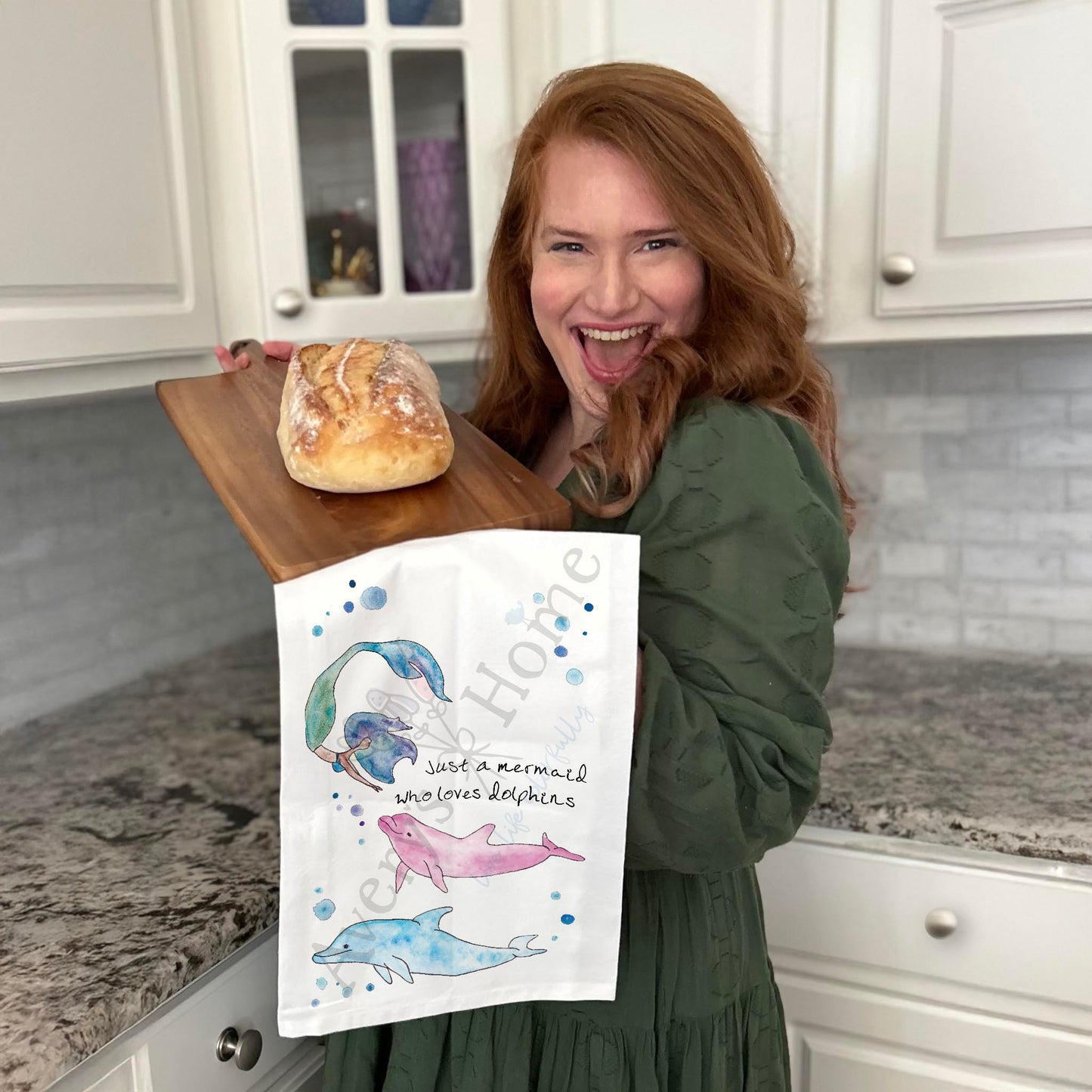 Just a Mermaid Who Loves Dolphins Tea Towel
