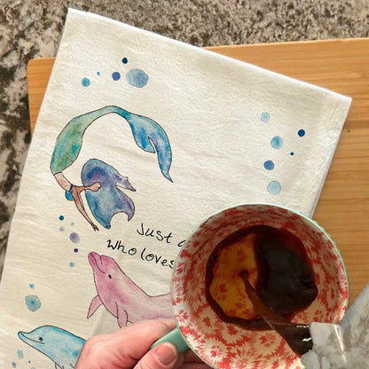 Just a Mermaid Who Loves Dolphins Tea Towel