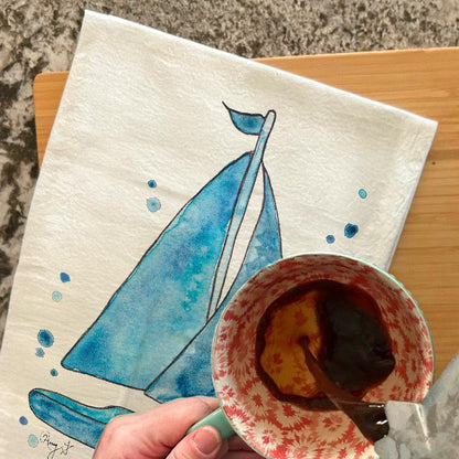 Navy Sailboat Tea Towel