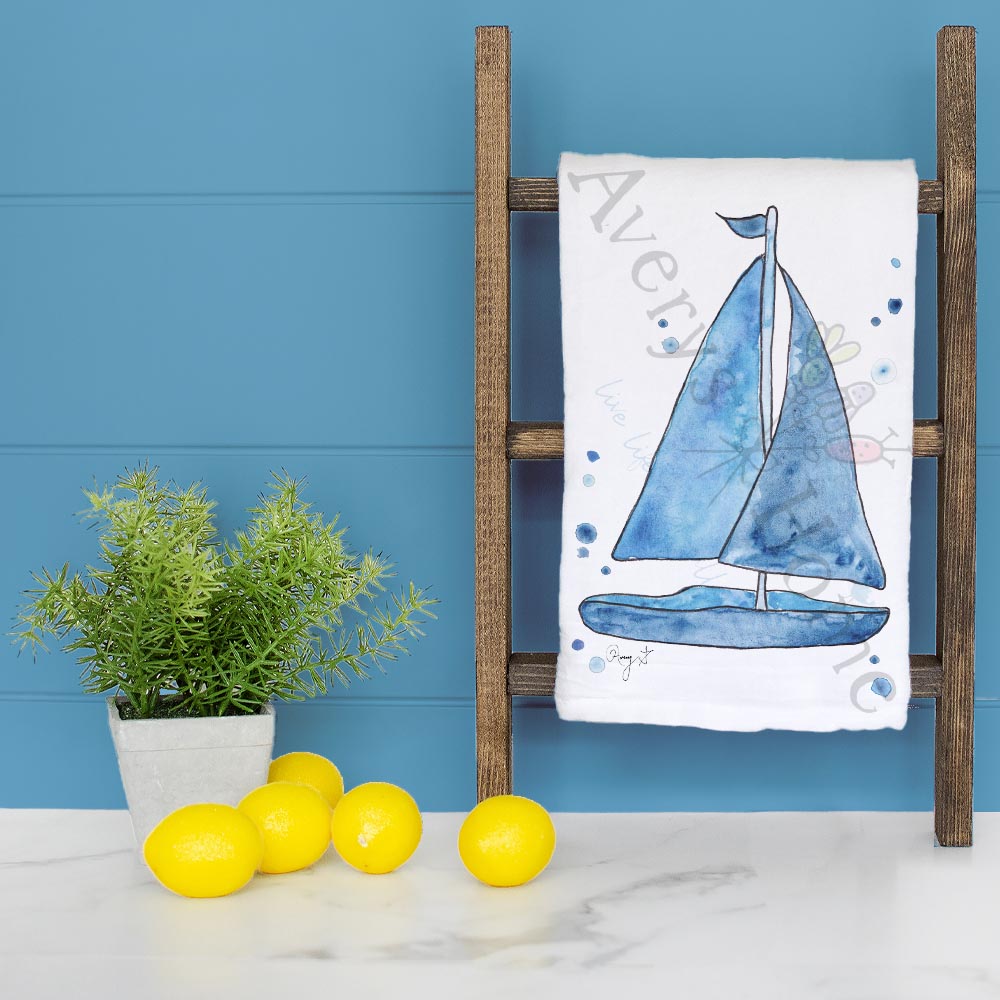 Navy Sailboat Tea Towel