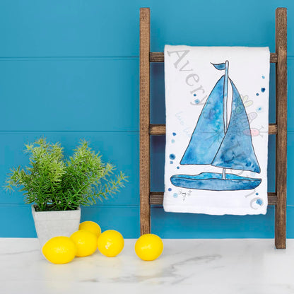 Navy Sailboat Tea Towel