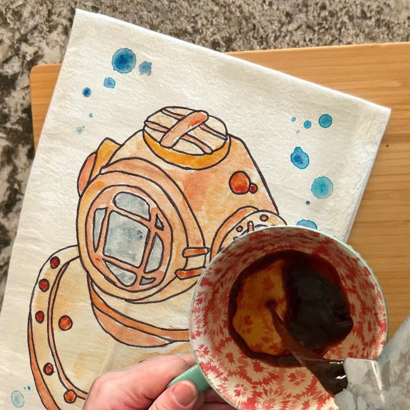 Vintage Scuba Helmet Tea Towel – Nautical Decor