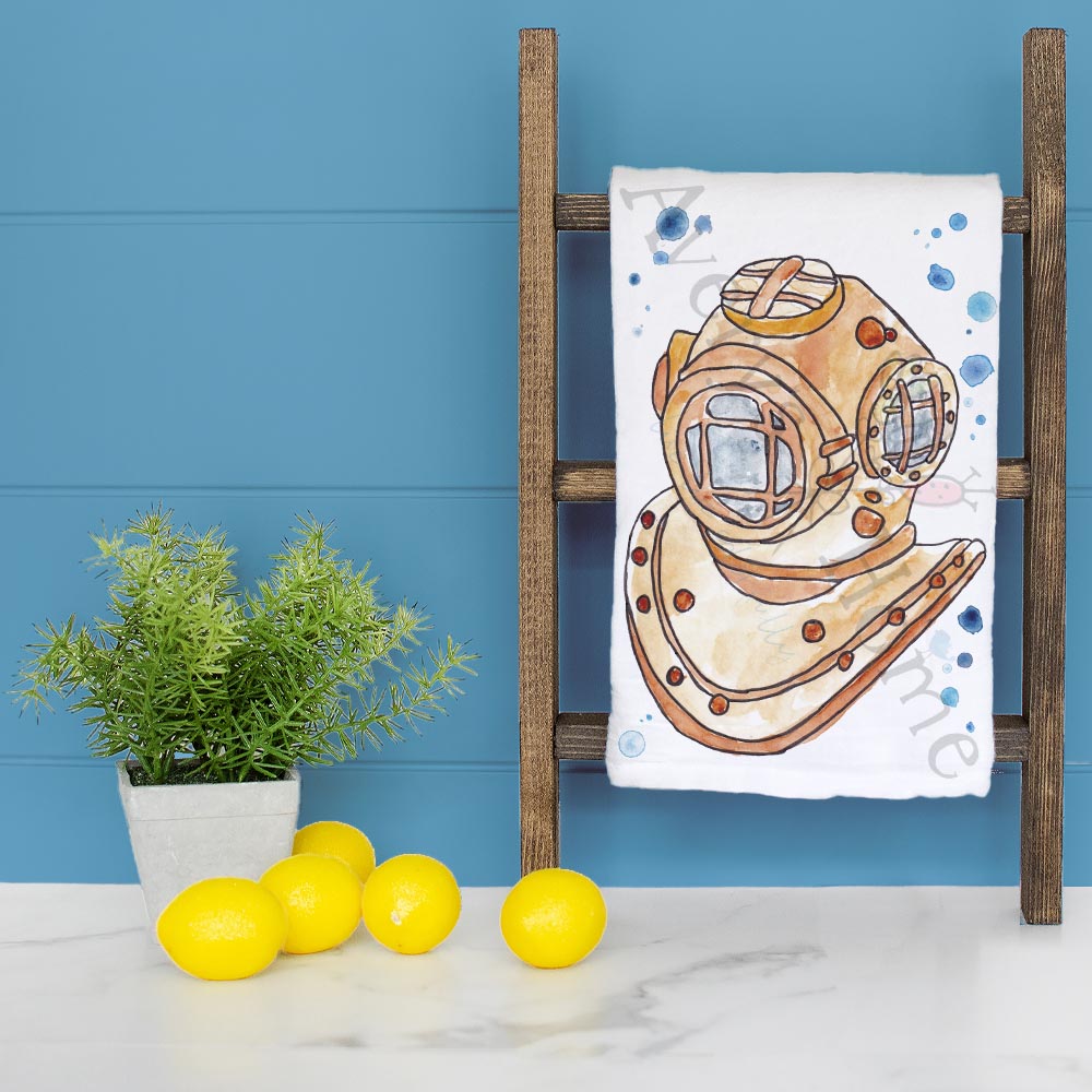 Vintage Scuba Helmet Tea Towel – Nautical Decor