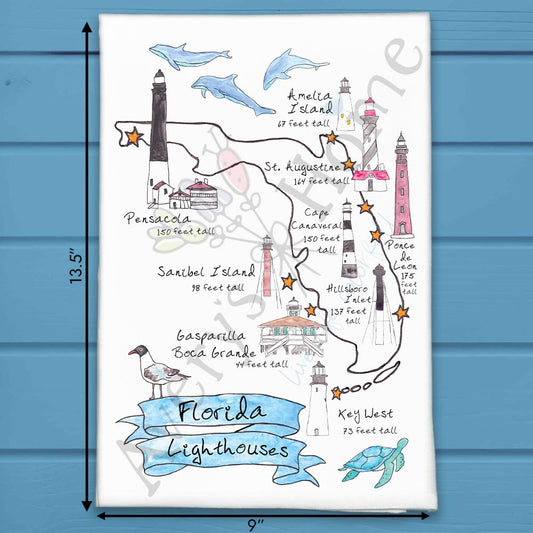 Florida Lighthouses Map & Wildlife Tea Towel
