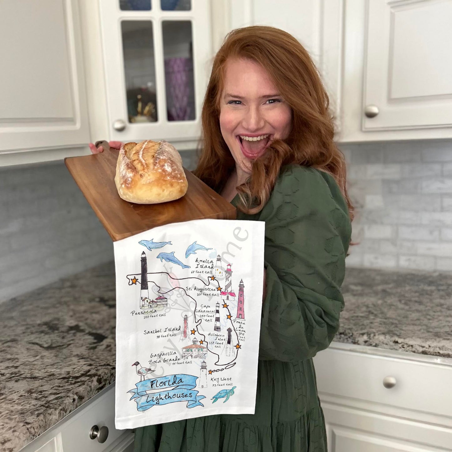 Florida Lighthouses Map & Wildlife Tea Towel