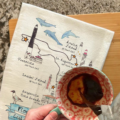 Florida Lighthouses Map & Wildlife Tea Towel