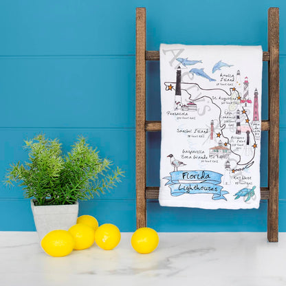 Florida Lighthouses Map & Wildlife Tea Towel