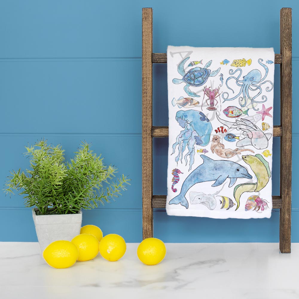 Ocean Animals Tea Towel – Sea Creature Collage