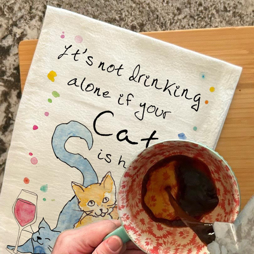 Cat Drinking Buddy Tea Towel – Whimsical Cocktail Gift