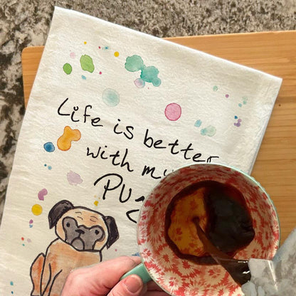 Pug Tea Towel – Wrinkles, Wiggles & Love