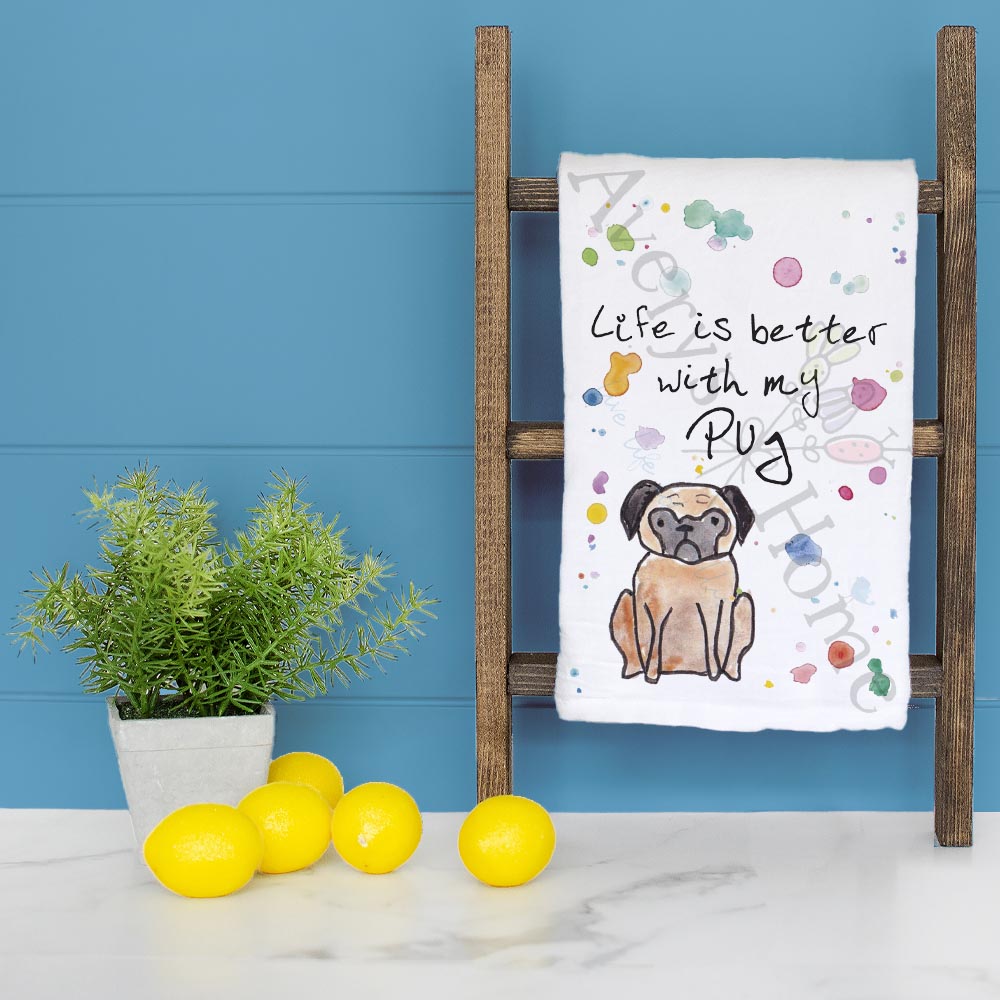 Pug Tea Towel – Wrinkles, Wiggles & Love