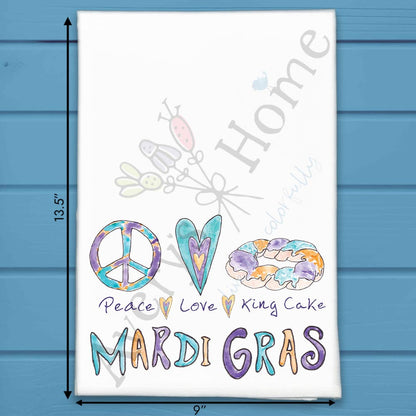 Peace Love King Cake Tea Towel – Mardi Gras Gift