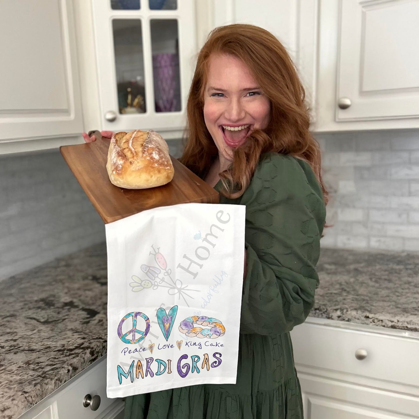 Peace Love King Cake Tea Towel – Mardi Gras Gift