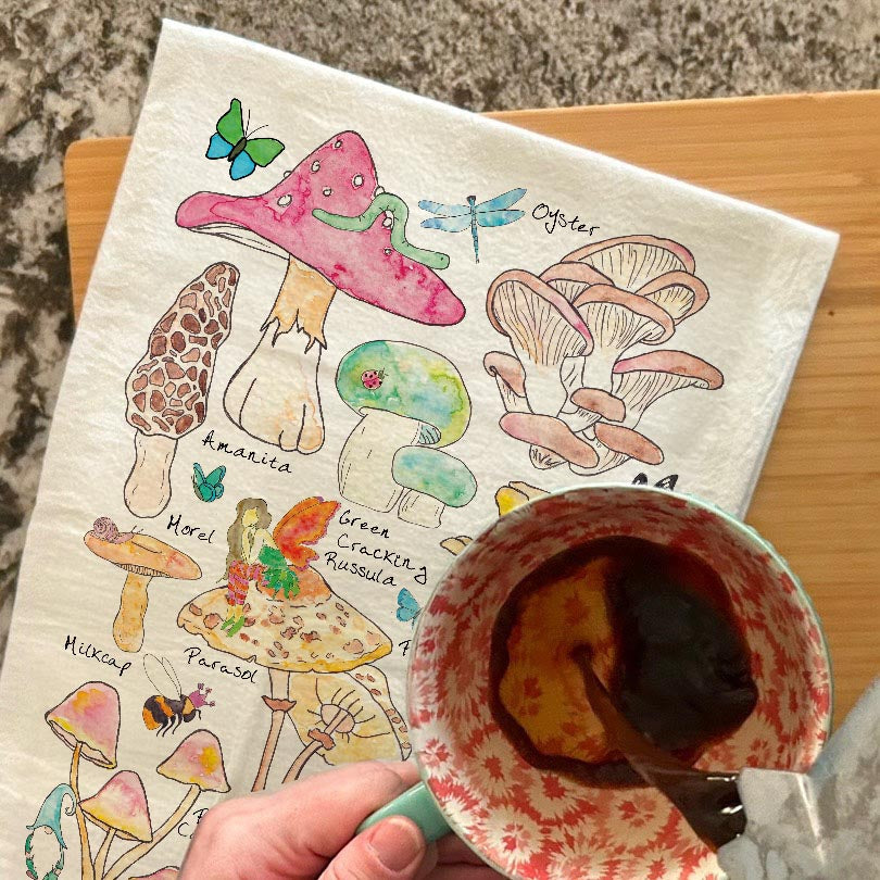 Mushroom Species & Gnomes Garden Tea Towel – Woodland Decor