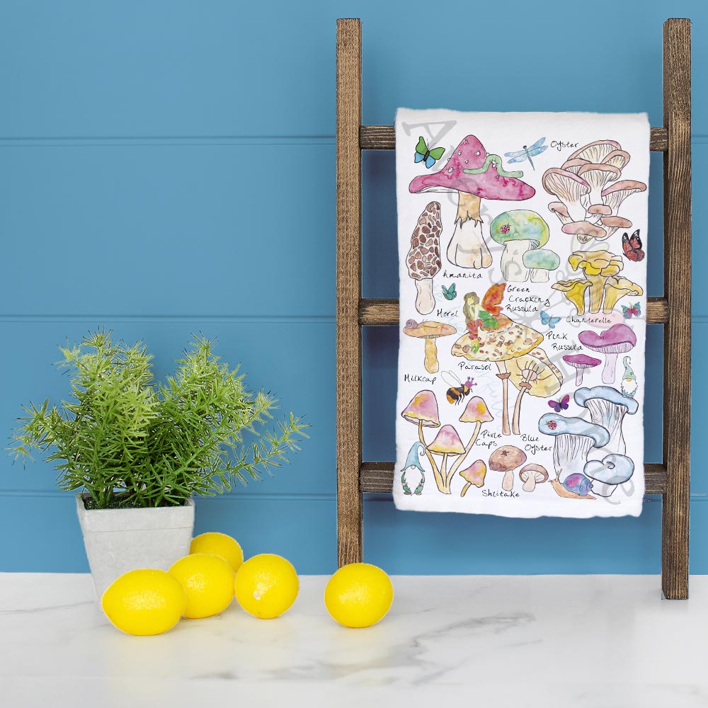 Mushroom Species & Gnomes Garden Tea Towel – Woodland Decor