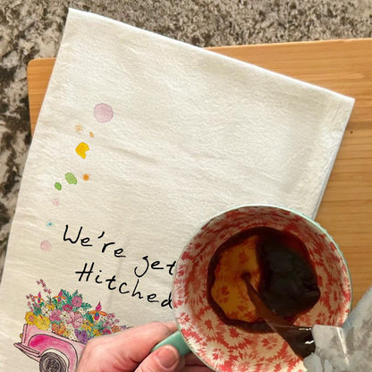 We're Getting Hitched Tea Towel – Rustic Wedding Decor