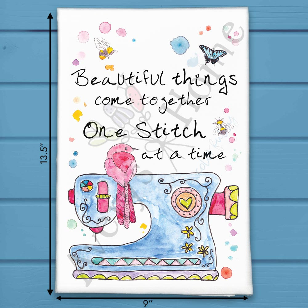 One Stitch at a Time Tea Towel – Crafting Quote Decor