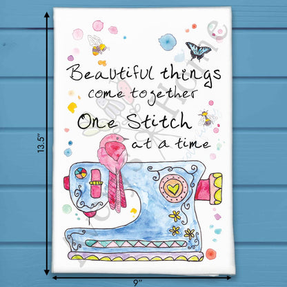 One Stitch at a Time Tea Towel – Crafting Quote Decor