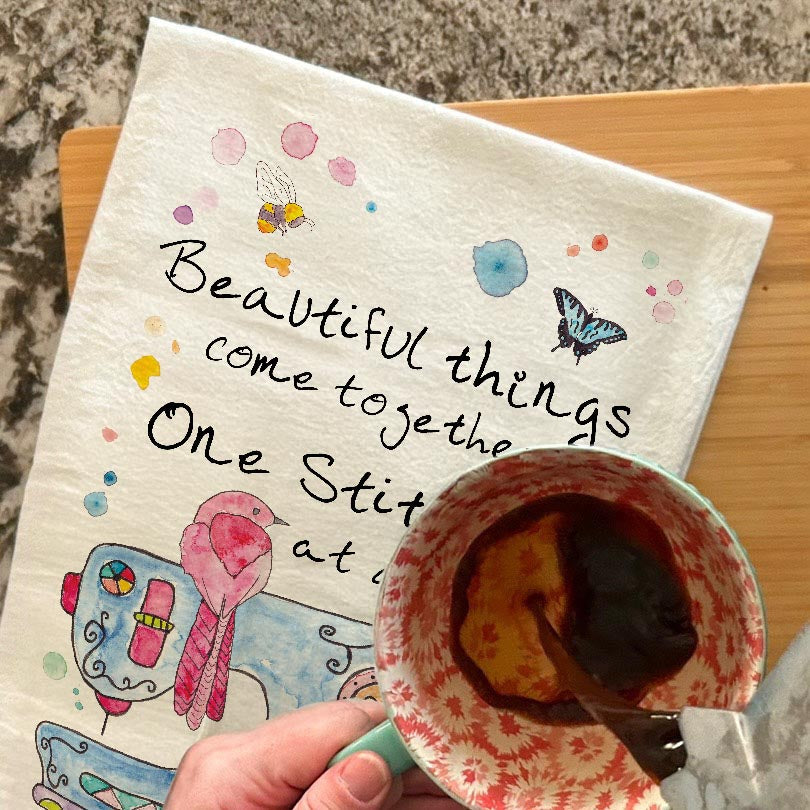 One Stitch at a Time Tea Towel – Crafting Quote Decor