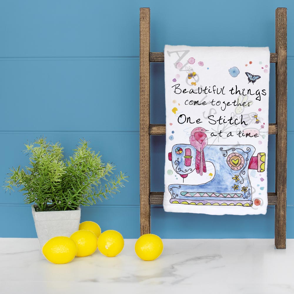 One Stitch at a Time Tea Towel – Crafting Quote Decor