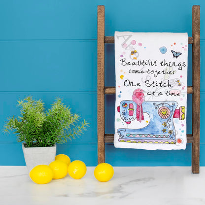 One Stitch at a Time Tea Towel – Crafting Quote Decor