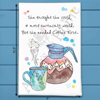 Coffee First Tea Towel – Mountain Morning Decor