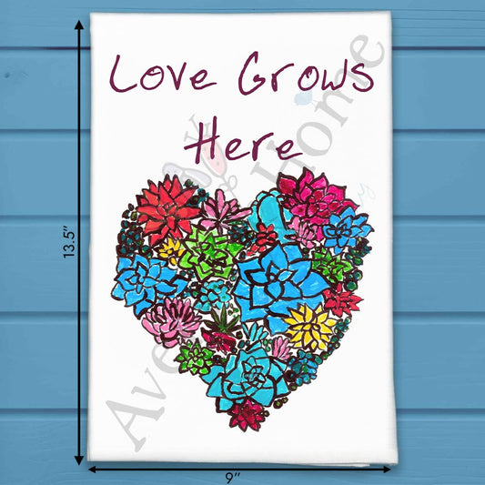 Love Grows Here Tea Towel – Heart & Flowers Gift