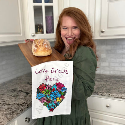 Love Grows Here Tea Towel – Heart & Flowers Gift